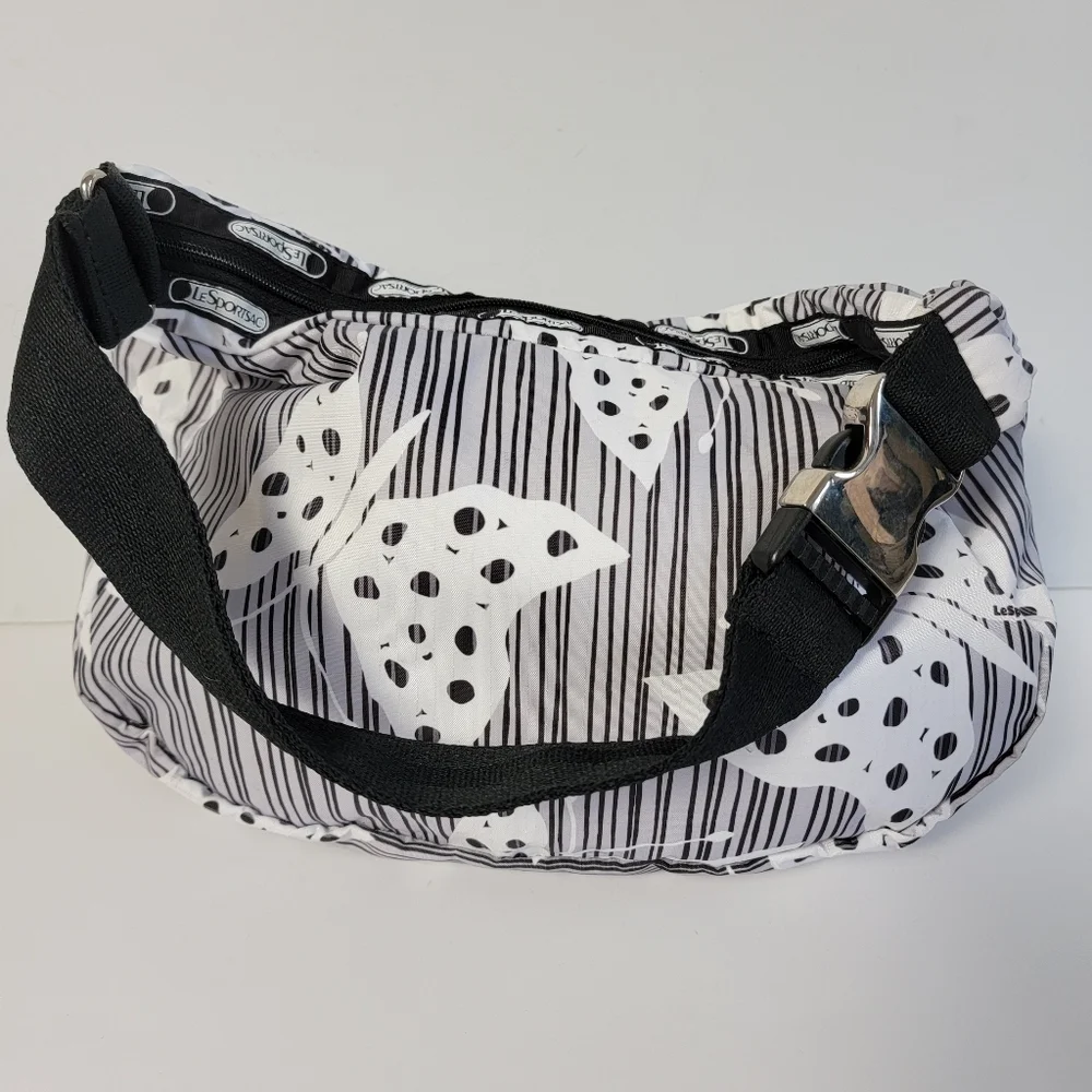 LeSportsac Black White Butterfly Hobo Shoulder Bag Crescent